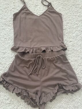 Ruffled Ribbed Tank & Shorts Set - Taupe